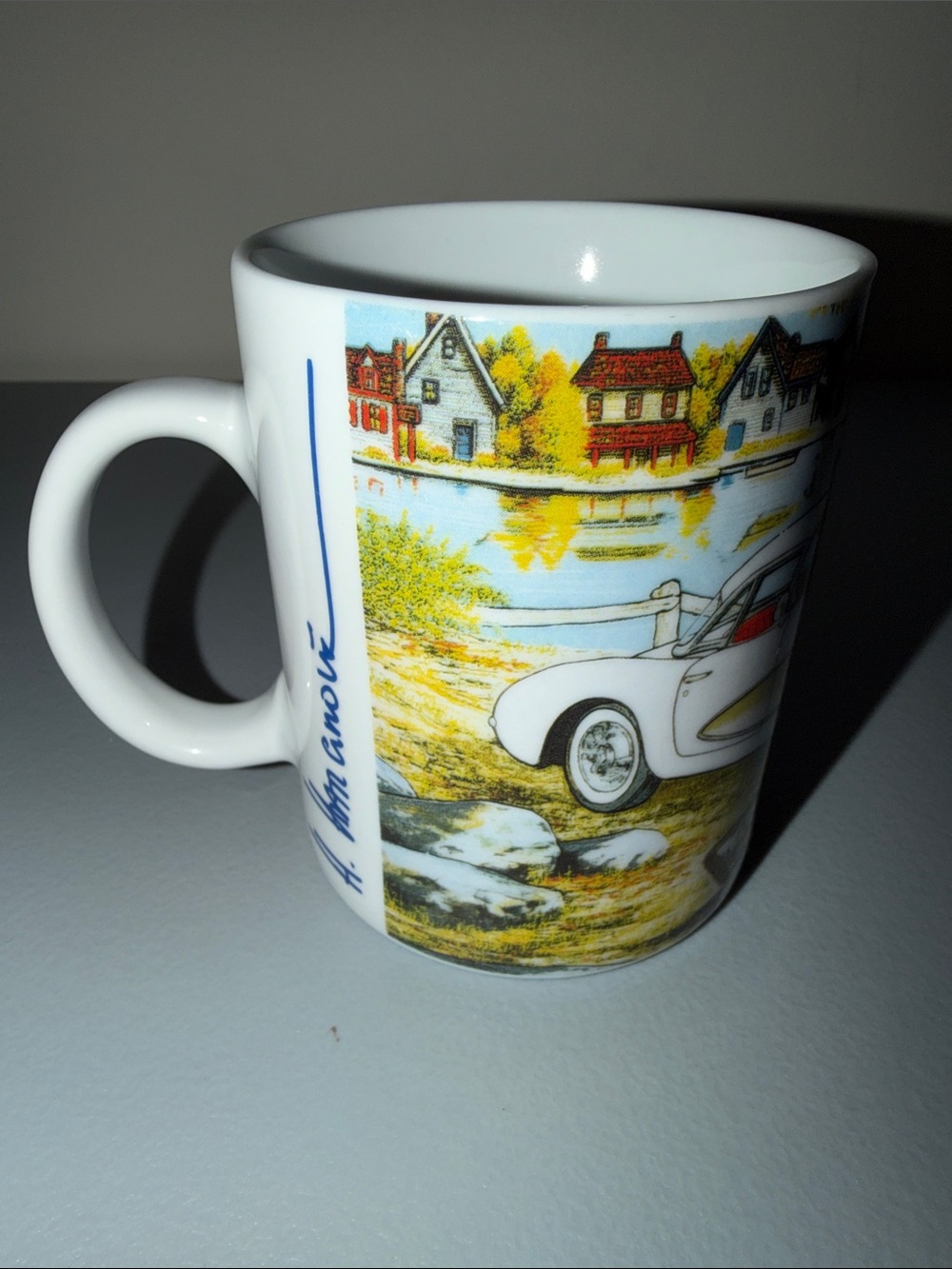 H. Hargrove “His two loves” White Porcelain Mug with Lakeside Car Illustration